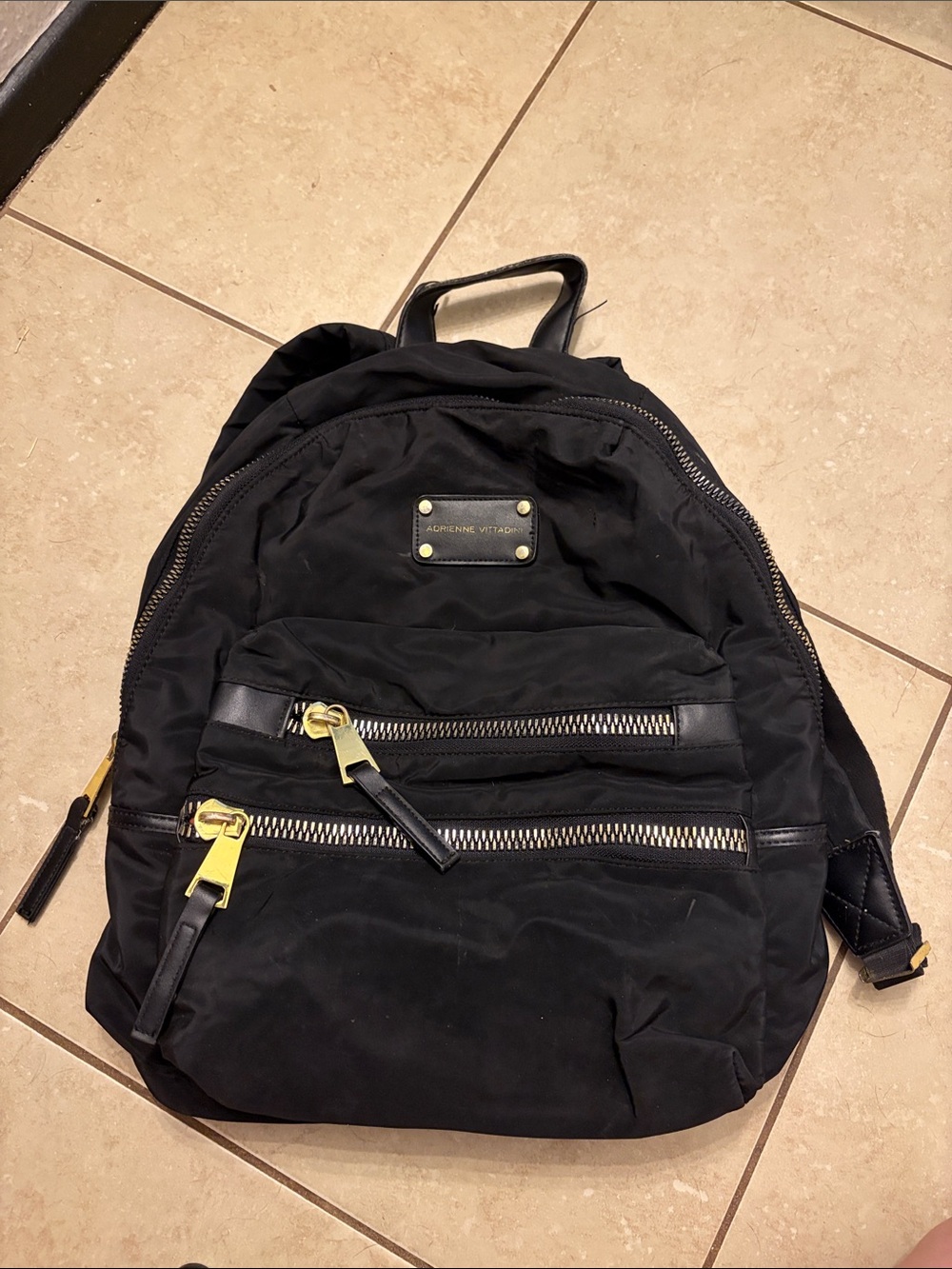 Adrienne Vittadini Black Nylon Backpack with Gold Hardware Accents